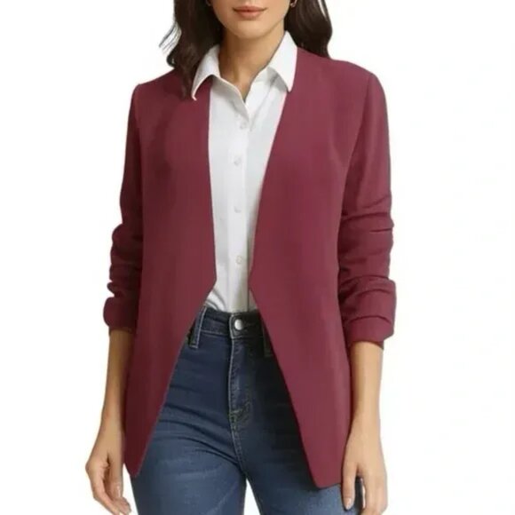 DKNY Womens Open-Front Crepe Blazer Jacket Cabernet 3/4 Sleeves Size S - Picture 1 of 3